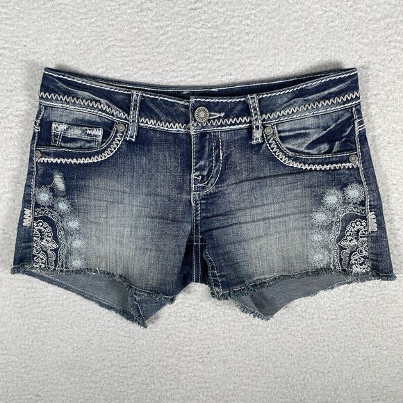 Maurices Jean Shorts Women 1/2 Blue Cutoff Distressed Contrast Embroidered Doily - Picture 1 of 13